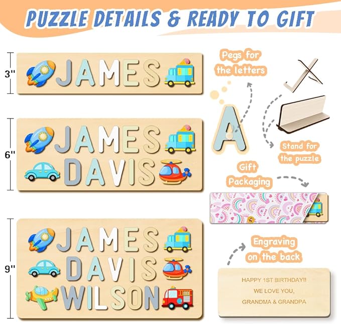 Personalized Name Puzzle for Kids, Easter Basket Stuffers, Custom Wooden Puzzle for Toddlers 1-3, First Birthday Gifts for Baby boy Girl, Montessori Learning Toys