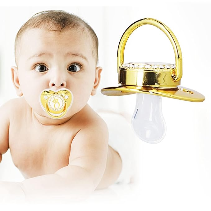 Personalized Golden Letter Baby Pacifier with Clips, Anti-Dust Cover, Bling Design for Newborn Photography, Letter O