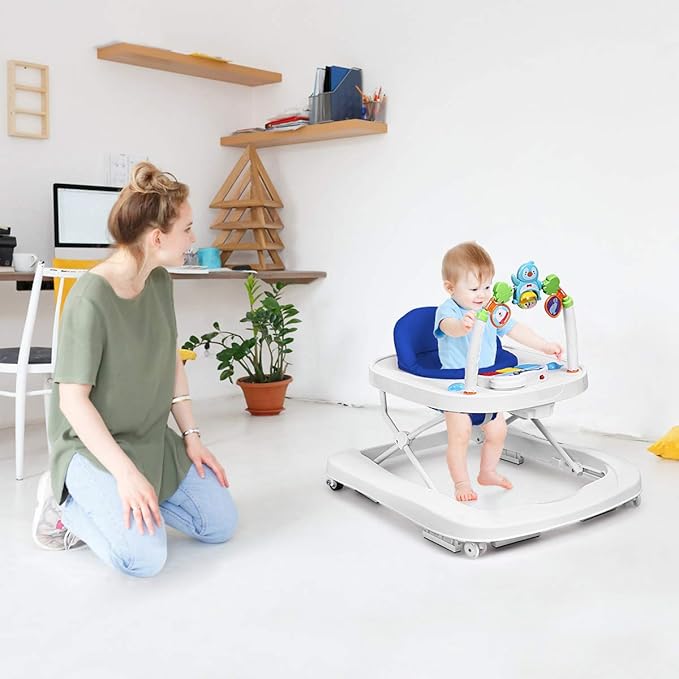 HONEY JOY Baby Walker, Foldable Push Walker Toy-Seated & Walk-Behind with Wheels, Interactive Piano & Pedants, Adjustable Height & & Speed, Padded Seat, Baby Walkers for Boys Girls(Blue)