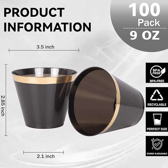 supernal 100 Pcs 9 oz Gold and Black Plastic Cups,Gold Rimmed Disposable Cups,Disposable Party Cup party,Plastic Cocktail Cups for Weddings, Birthdays & Festive Celebrations