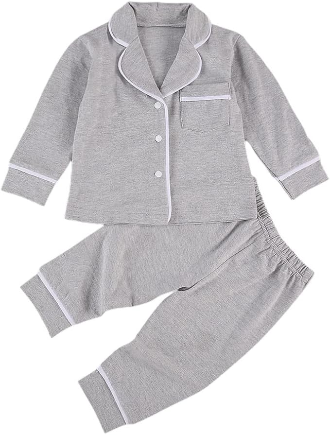 Toddler Kids Baby Girl Solid Pjs Ruffle Long Sleeve Button Shirt Top and Pants Cotton 2Piece Pajamas Set