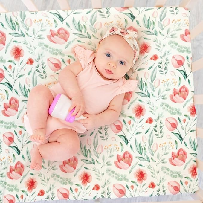 4 Pack Baby Girl Pack N Play Mini Crib Sheets Set Soft Fitted Floral Theme Baby Girl Mattress Covers Breathable Toddler Bed Sheets for Infant or Newborn(Flower, Pack N Play Mini Crib Sheets)