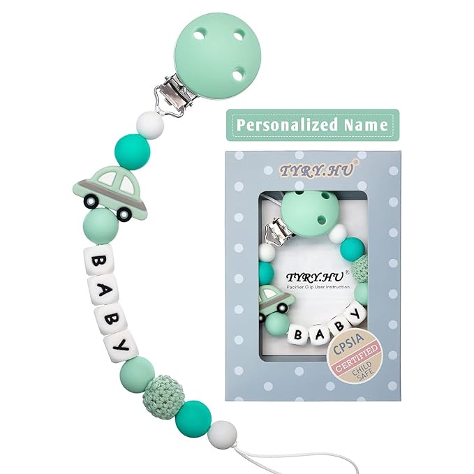 Personalized Pacifier Clip with Name for Baby, Customized Pacifier Clip Fits All Pacifiers, Baby Birthday Christmas Gift for Boys and Girls, Car (Green)