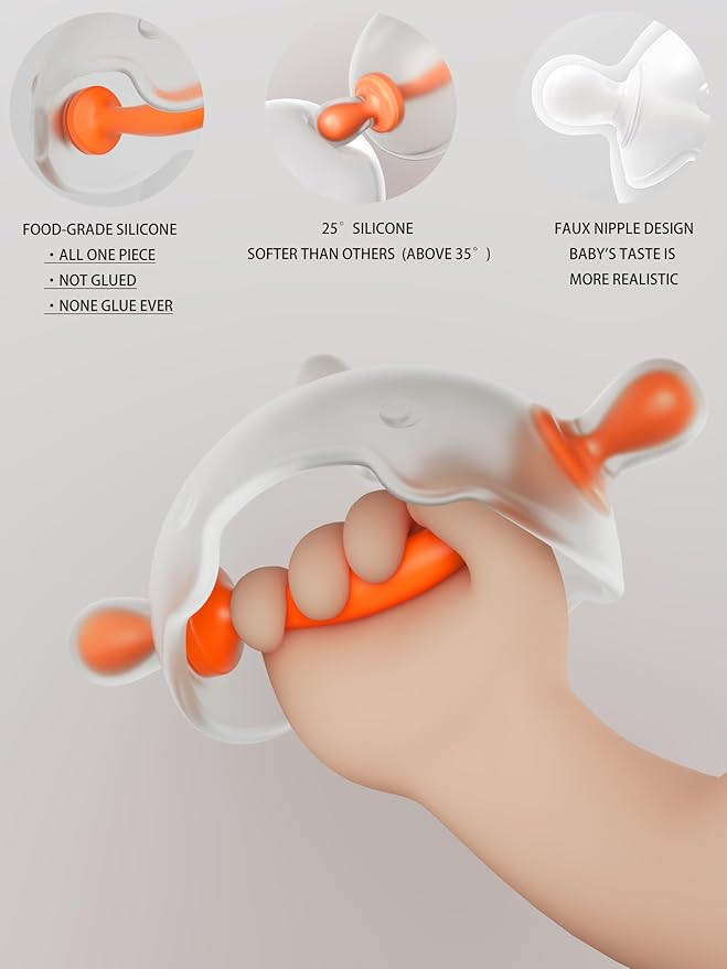 Baby Teething Toys for Babies 3-6 Months, Baby teethers for Babies 6-12 Months, Baby teether Soother, Squishy Soft,None Glue,Silicone Teether,BPA Free, 100mX50mmX60mm, Orange