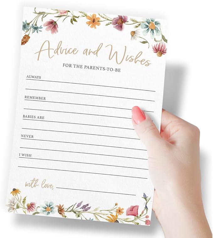 Printed Party Advice & Wishes for The New Parents – Baby Shower Advice Cards, Wishes for Mommy & Daddy, Gender Reveal Boy or Girl, Wildflower Garden Theme, 30 Cards