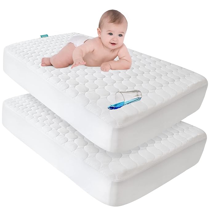 Crib Mattress Protector Sheets Waterproof 2 Pack, Quilted Crib Mattress Pad Cover Fitted Fits for Toddler Bed Mattress, White, 52” x 28”