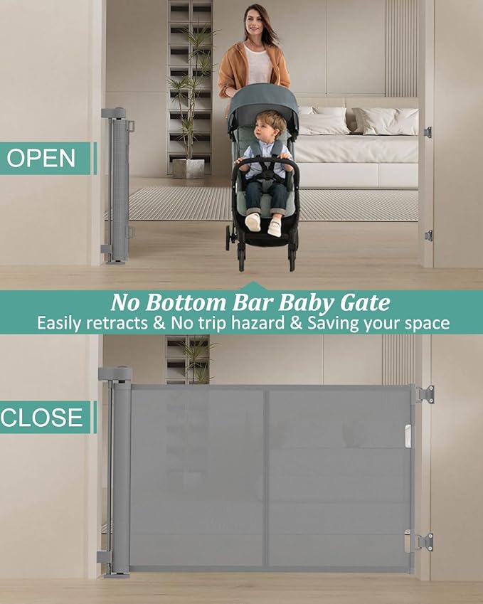 Upgraded 59" Retractable Baby Gates with Reinforced Strip Design to Prevent Crawling Through, 34" Tall Retractable Dog Gate, 5 FT Retractable Gates for Stairs, Doorways, Hallways