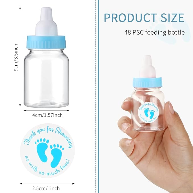 Tondiamo 48 Pcs Blue Baby Shower Mini Bottle Favors 1.5 x 3.5 Inch Baby Shower Candy Jar Mini Milk Bottle Party Favor Fillable Gift Boxes for Boys Girls Birthday Party Games Decorations