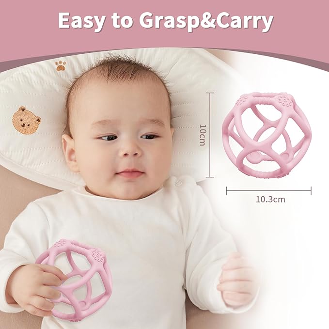 Baby Teething Toys, Silicone Baby Chew Toys for Soothing Babies Gums, Sensory Hollow Ball Teether for Babies 3+ Months,Baby Teether Toys,Babys Gifts for Girl & Boy,BPA Free (Pink)