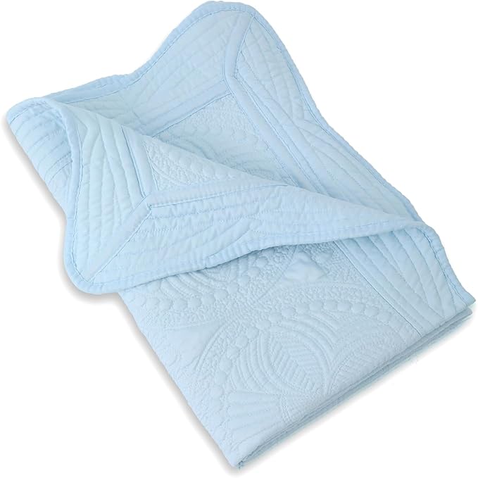 MONOBLANKS Baby Quilt Personlized Monogram Lightweight Embossed Scalloped Throw Blanket Four Seasons (Light Blue)