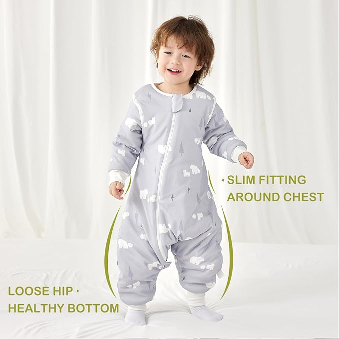 3.5 TOG Super Soft Thick Detachable Long Sleeves Sleep Sack with Feet, 100% Cotton Winter Warm Toddler Sleep Sack, Bear, Size L