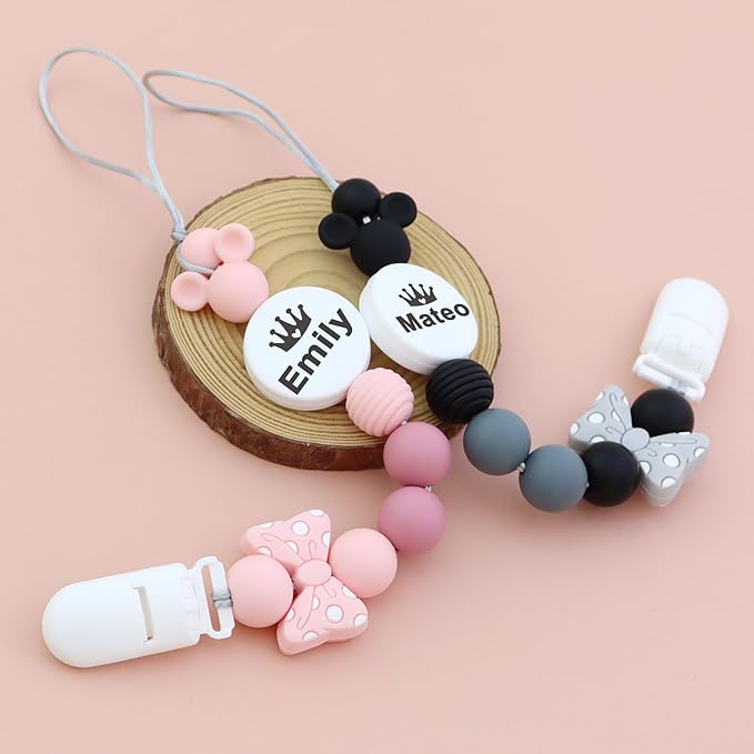 Customized Baby Pacifier Holder Clip with Name, Personalized Name Pacifier Clip for Boys and Girls Fits for Most Pacifiers (Pink)
