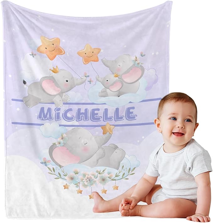Personalized Baby Blanket with Name, Cute Custom Light Purple Elephant Name Blankets Toddler Girls Soft Flannne Swaddling Blankets Customized Memorial Gift from Nana for Infant Newborn Shower