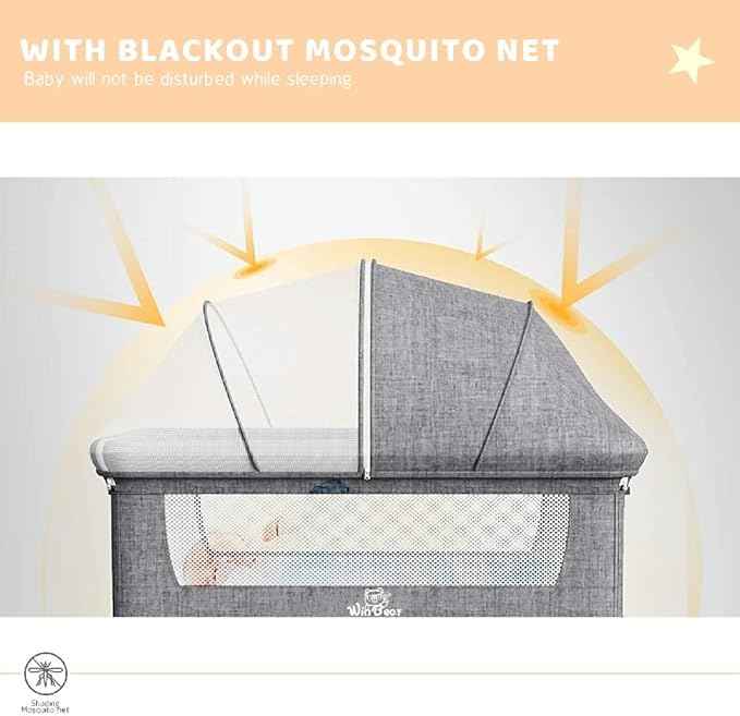Baby Bassinets Bedside Sleeper, 3 in 1 Baby Bassinet, Adjustable Easy Folding Portable Bed, with Mosquito Nets, Large Storage Bag, Comfortable Mattresses, for Infant/Baby/Newborn (Gray)