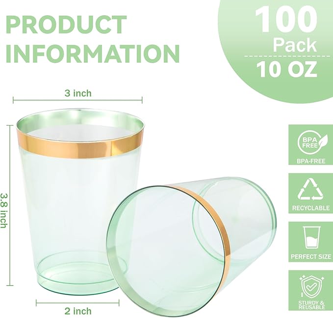 supernal 100 Pack Green Plastic Cups - 10 Oz Clear Green Plastic Disposable Cups with Gold Trim,Heavy Duty & BPA-free for Wedding,Cocktail,Birthday,Party & Elegant Events,Disposable Cocktail Glasses