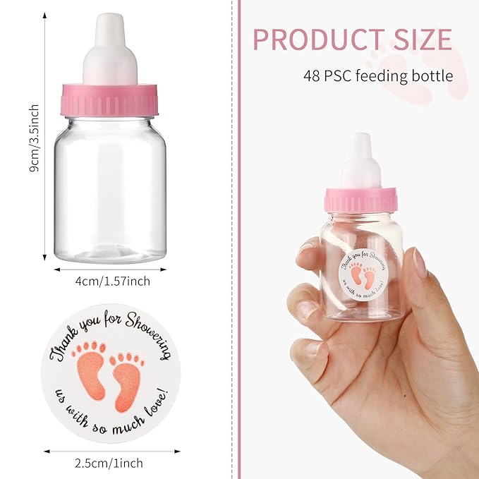 Tondiamo 48 Pcs Pink Baby Shower Mini Bottle Favors 1. 5 x 3. 5 Inch Baby Shower Candy Jar Mini Milk Bottle Party Favor Fillable Gift Boxes for Boys Girls Birthday Party Games Decorations