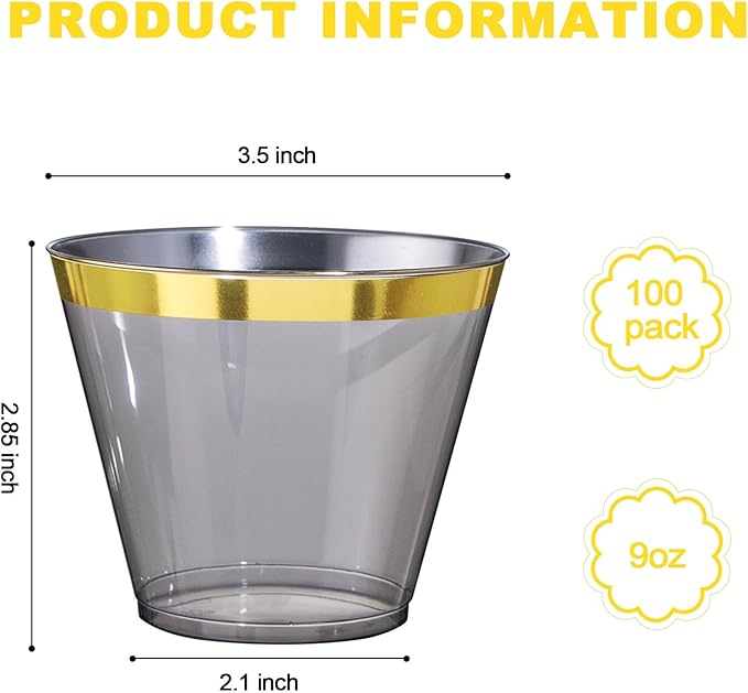 Superrnal 100pcs Gold and Black Plastic Cups 9OZ Elegant Gold Rimmed Clear Party Cups Fancy Disposable Wedding Cup Plastic Cup for Party,Gatherings, Afternoon Tea