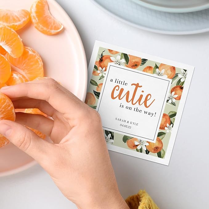 Little Cutie Personalized Baby Shower Napkins / 100 Clementine 4 3/4" x 4 3/4" Beverage Napkins/Gender Neutral Baby Citrus Party Napkins/Made In The USA