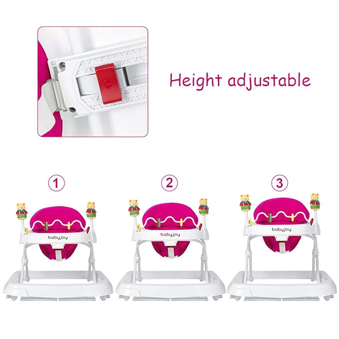 BABY JOY Baby Walker, Foldable Activity Walker with Adjustable Height, Large Tray & Removable Toys, Baby Walker with Wheels for Boys Girls 6-18 Months (Pink)
