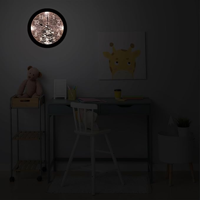 Evelyne LED Round Wall Clock - Battery Operated, Night-time Sensor - Easy-to-Read Analog for Bedroom, Office & Living Room (Christmas Tree)