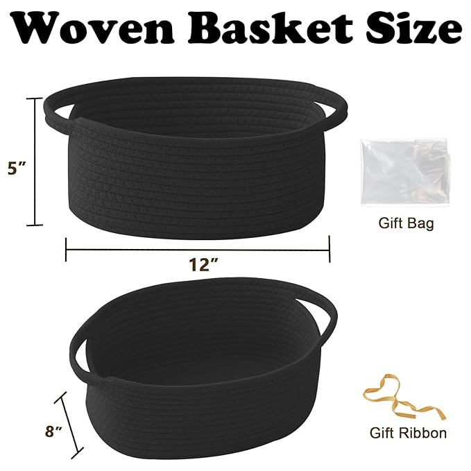 Gift Basket with Gift Bag and Ribbons,Small Rope Woven Shelf Storage,Baskets for Gifts Empty,Birthday,Shower,Decorative Organizer Box for Cat Dog Pet with Handles(Black)