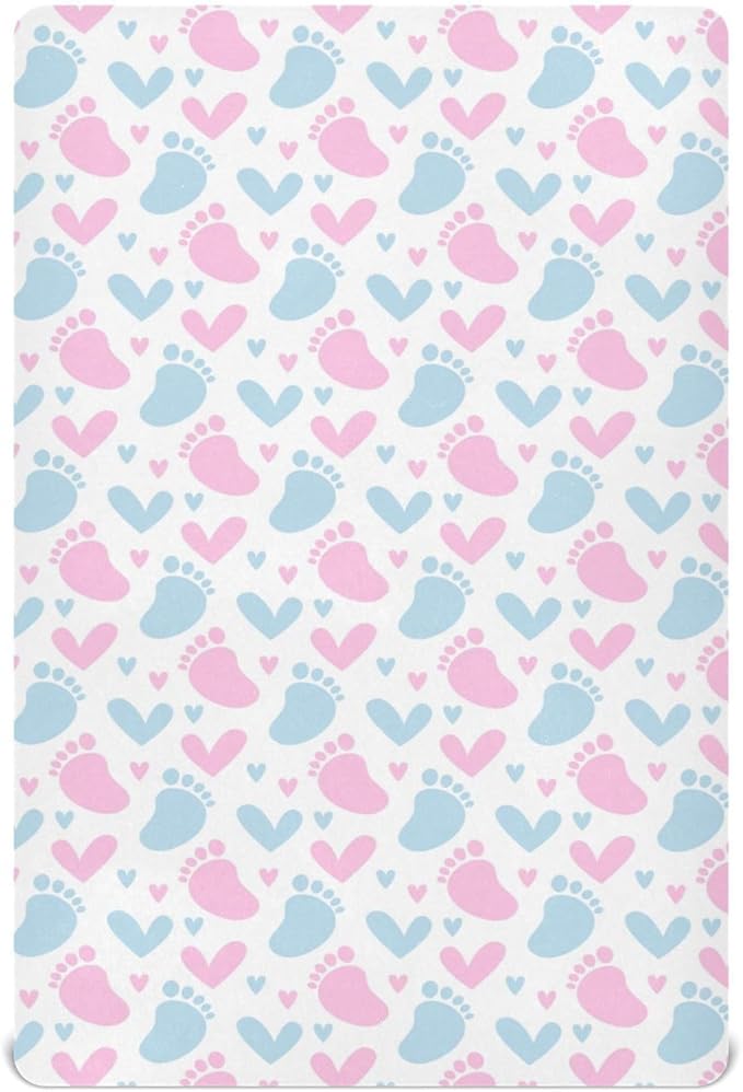 Baby Crib Sheets Pink and Blue Footprint Crib Sheets for Boys Girls,Neutral Bassinet Toddler Bed Play Sheets Breathable Soft and Portable 52 * 28 * 9in