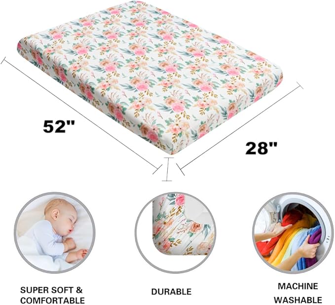 4 Pack Baby Girl Crib Sheets Set Soft Fitted Floral or Elephant Theme Baby Girl Mattress Covers Breathable Toddler Bed Sheets for Infant or Newborn Girls (Flower, Crib Sheets)