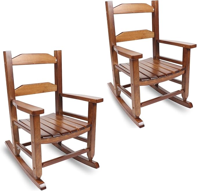 Toddler Rocking Chair Set of 2 for Kids Comfy Recliner Wooden Rocker for Baby Children Ages 3-6 Outdoor Lounge Chair Girls Indoor Playroom Brown