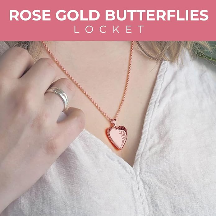 PicturesOnGold.com Personalized Heart Shaped Butterflies Photo Locket Necklace - 3/4 inch x 3/4 inch - Includes 18 inch Chain - Custom Engraved Picture Locket Necklace for Women