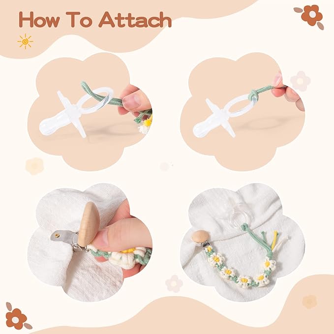 Pacifier Clip for Boys Girls Floral Daisy Macrame Paci Clip Pacifier Holder Leash Boho Wooden Clips Handmade Braided Cotton Unisex Baby Shower Birthday Gift