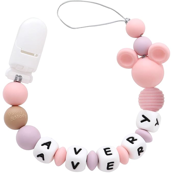Personalized Pacifier Clip with Name, Customizable Mouse Pacifier Leash for Baby, Universally Fit All Pacifiers (Pink)