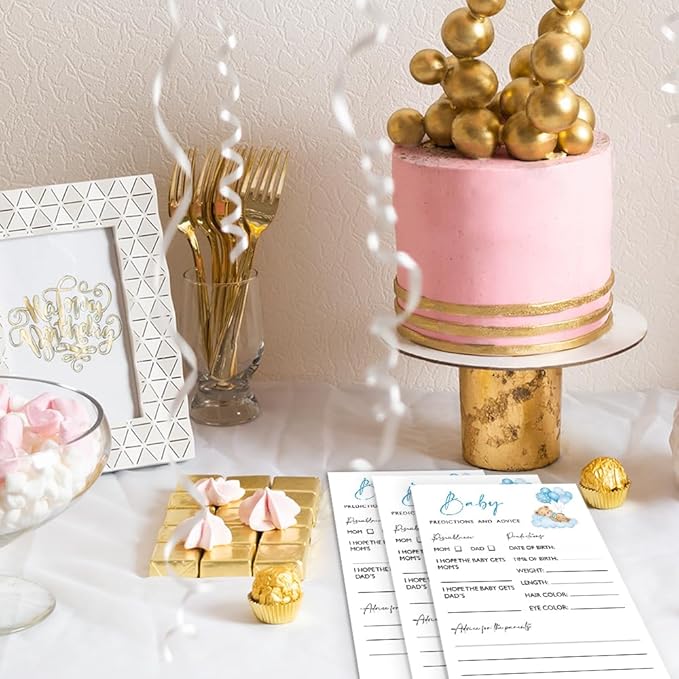 Baby Predictions & Advice Baby Shower Games, 25 Double-Sided Blue Bear Games for Boys, Interactive Party Supplies - B04