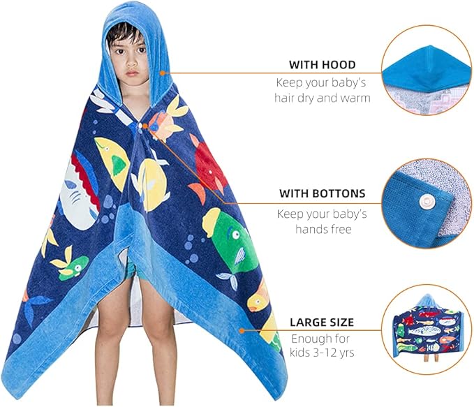 BANGSAUR Kids Hooded Beach Bath Towels, 100% Cotton 50"x30" Wrap Bathrobe, Toddlers Boys 3-12 Years Coverup Towel Ocean Fish