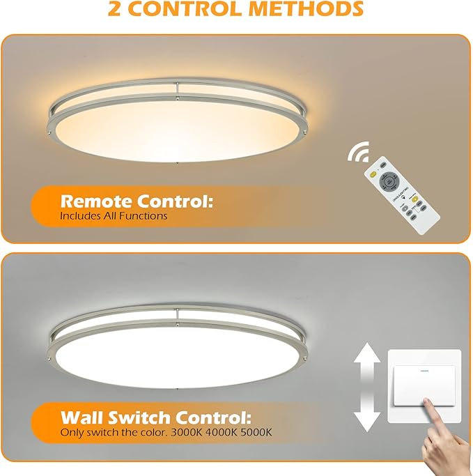 DLLT 32In Oval LED Ceiling Light Fixture, 65W Dimmable LED Flush Mount Ceiling Light with Remote, 3000K/4000K/5000K Adjustable, Brush Nickel Finish for Bedroom/Living Room/Dining Room