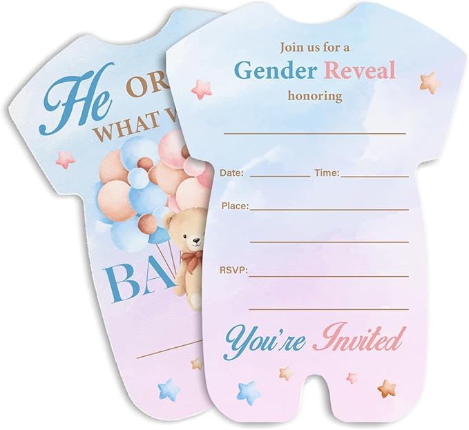 LyoGao Bear Gender Reveal Invitations - Balloon Bear He or She Baby Shower Party Fill in Invites Cards With Envelopes (20 Pack)
