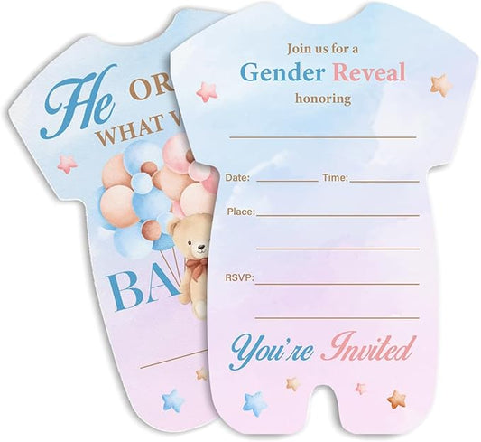 LyoGao Bear Gender Reveal Invitations - Balloon Bear He or She Baby Shower Party Fill in Invites Cards With Envelopes (20 Pack)