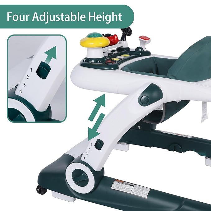 Kinder King Baby Walker with Music & Lights, 5 in 1 Baby Bouncer Activity Walker, Adjustable Height & Seat, Learning-Seated & Toddler Walk-Behind, Safety Bumper, Infant Walker Anti-Rollover, Green