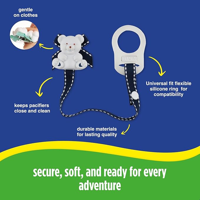 Baby Buddy Pacifier Clip Holder, Newborn Essential with Universal Fit for all Binky and Teether Brands, Ages 4+ Months, Navy & White, 1 Pack