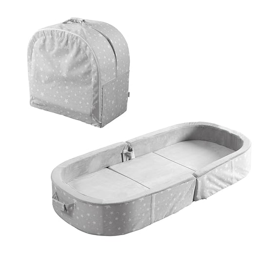 BYBYME Portable Toddler Travel Bed - Waterproof Foldable Floor Crib with Washable Fitted Sheet - Ideal Folding Toddler Cots for Sleeping and Sleepovers (Grey)