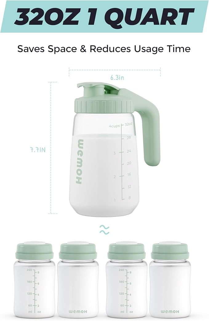 32oz Breast Milk Pitcher, 3X-Thick Heat & Cold Resistant Borosilicate Glass, Leakproof Breast Milk Fridge Storage Container with Wide Mouth & Ergo Grip, Dishwasher Safe, Fast Baby Formula Maker