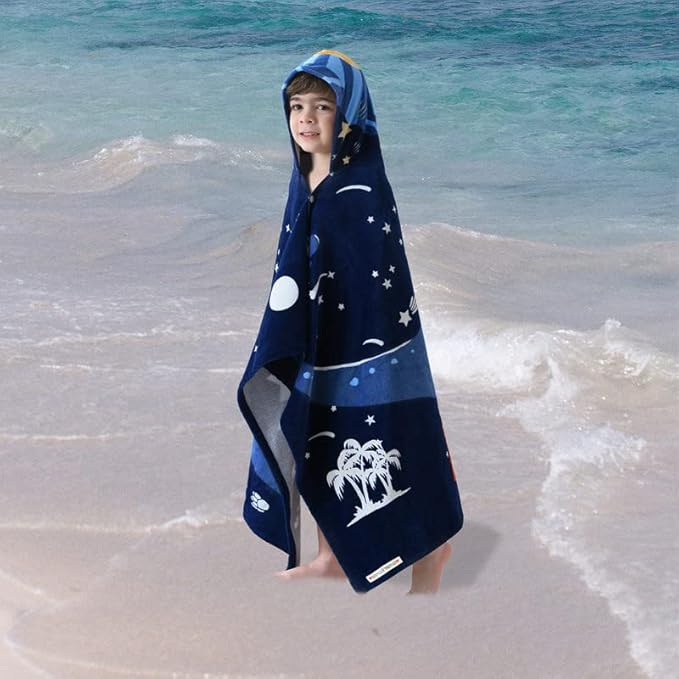 VOOVA & MOVAS Toddler Bath Towel with Hood for Kids Age 3-10, 30''X50, Soft | Thick | Absorbent Cotton Wrap Blanket, Beach, Pool, Swim | Bath Use, Dinosaur Under The UFO
