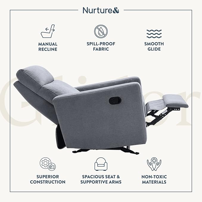 Nurture& The Manual Glider Premium Modern Recliner Nursery Glider Chair with Spill, Stain Proof Fabric | Designed with a Thoughtful Combination of Function and Comfort | Water Repellant (Gray)