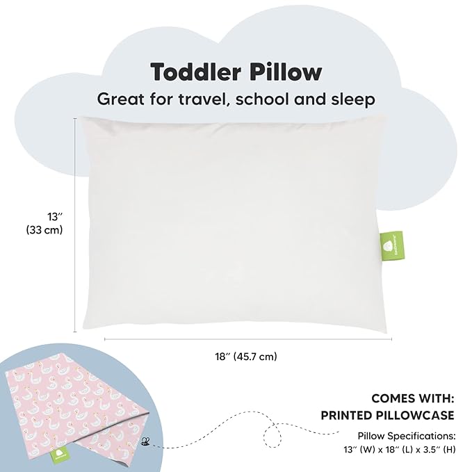 Toddler Pillow with Pillowcase - 13x18 My Little Dreamy Kids Travel Bed Pillows for Sleeping, Organic Cotton Small Pillowcase, Soft & Breathable, Machine Washable, Toddlers 2-5 Years Old (Swan Lake)