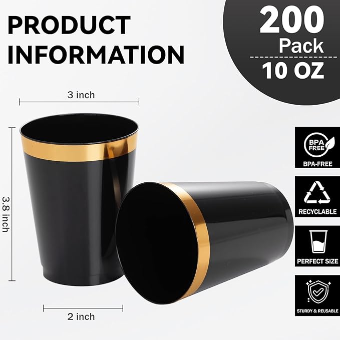 supernal 200pcs Black Plastic Cups 10oz – Disposable Cups with Gold Rim, Premium Black and Gold Plastic Cup, Disposable Cocktail for Wedding, Birthday, Halloween, Christmas & Thanksgiving Parties