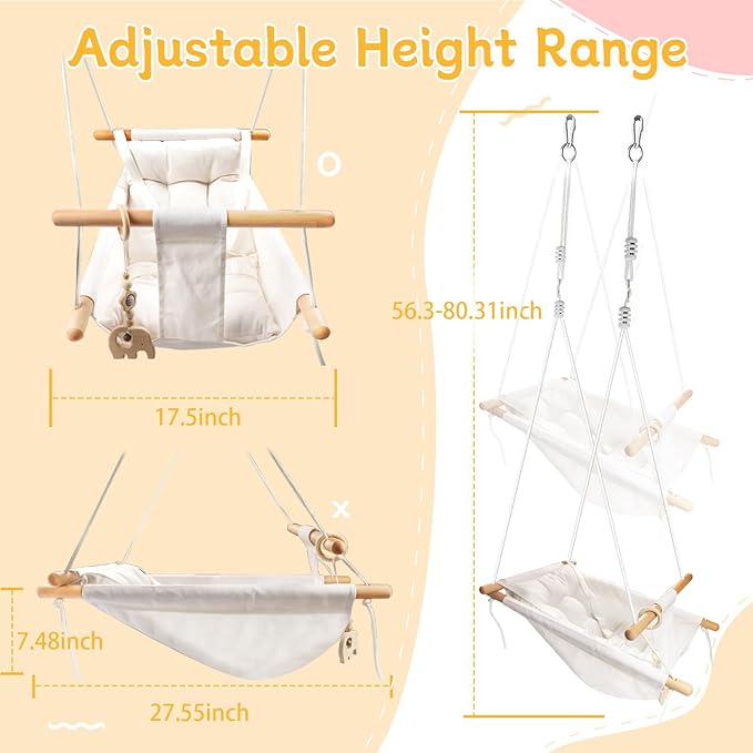 Baby Swing Outdoor Indoor for Infants to Toddlers, Portable Adjustable Baby Porch Swing with 5-Point Safety Belt, Kids Tree Hanging Chair Toys for Door Garden Backyard