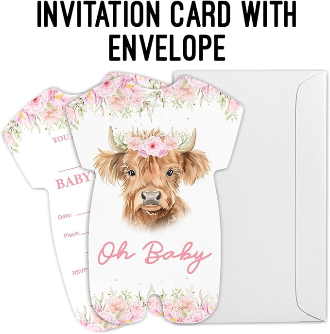 LyoGao Highland Cow Baby Shower Invitations for Girl - Pink Floral Cow Baby Shower Party Fill in Invites Cards With Envelopes (20 Pack)