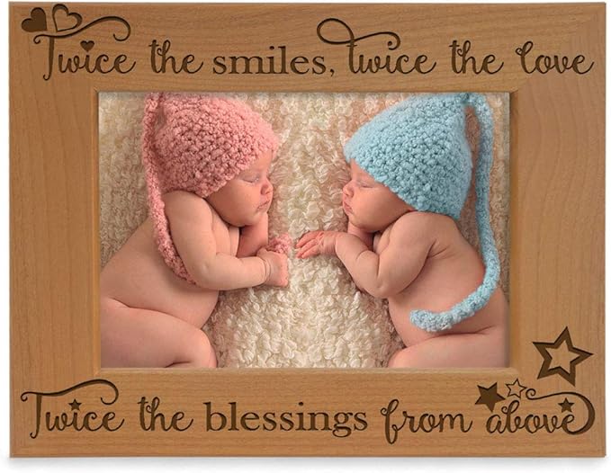 KATE POSH - Twice the Smiles, Twice the Love, Twice the Blessings from above - Engraved Natural Wood Picture Frame - Twins photo frame, Twins gifts for babies, Twins gifts for mom (4x6-Horizontal)