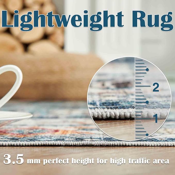 jinchan Area Rug 6x9 Washable Living Room Rug Indoor Large Vintage Floor Cover Distressed Navy Blue Multi Lightweight Non Slip Thin Carpet for Kitchen Bedroom Dining Room