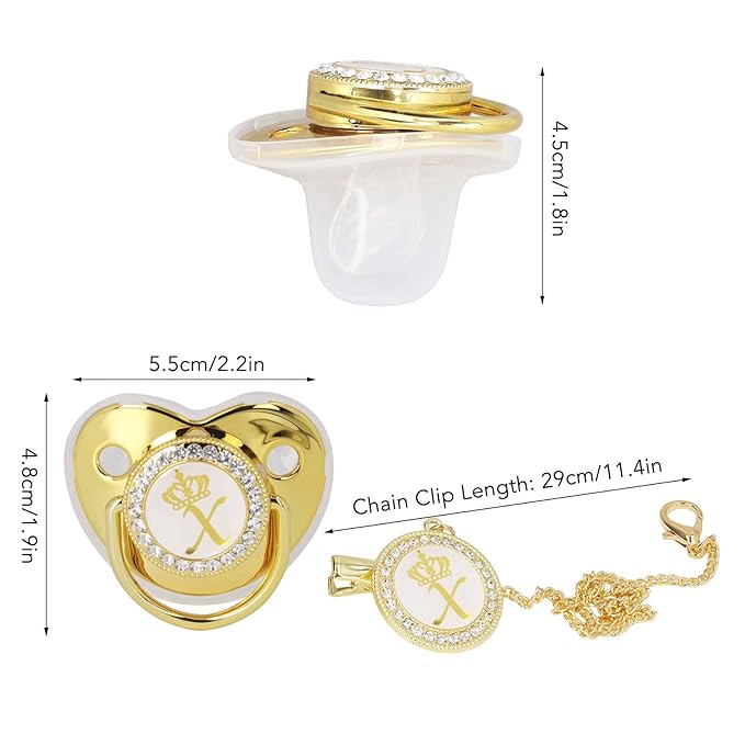 Golden Letter Baby Pacifier, Personalized Pacifier with Clip and Dust Cover for Newborns Toddlers Christening Shower Party Photography Use