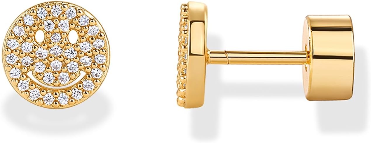 PAVOI 14K Gold Plated Dainty Flat Back Earrings for Women - Hypoallergenic Sterling Silver Posts Helix Cartilage Piercing Jewelry - Emoji Motif Bow Celestial Flatback Gold Stud Earrings Screw Back